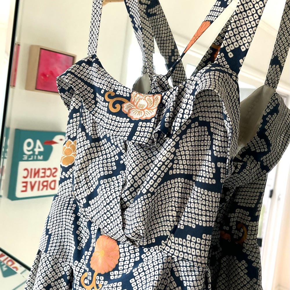 Leifsdottir NWOT Navy, Gold & White Silk Maxi Dress with Ruffled Details